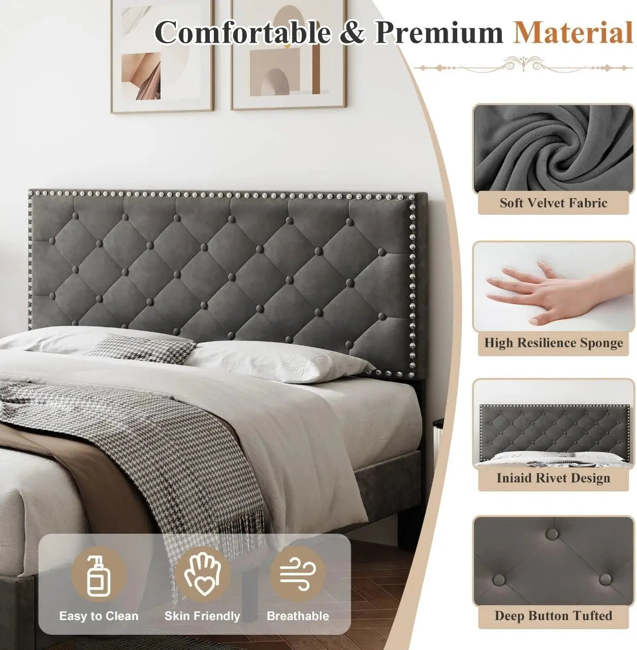 4ft6 Double Upholstered Velvet Bed Frame with Solid Wood Slats & Noise-Reducing Foam (Grey) Manwatstore