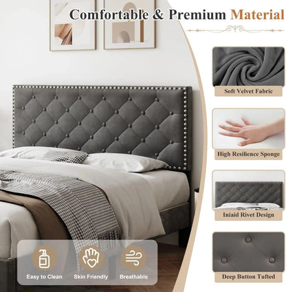 4ft6 Double Upholstered Velvet Bed Frame with Solid Wood Slats &amp; Noise-Reducing Foam (Grey) Manwatstore