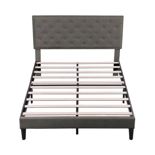 4ft6 Double Upholstered Velvet Bed Frame with Solid Wood Slats & Noise-Reducing Foam (Grey) Manwatstore