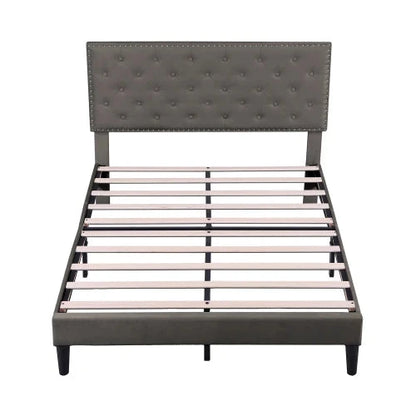 4ft6 Double Upholstered Velvet Bed Frame with Solid Wood Slats & Noise-Reducing Foam (Grey) Manwatstore