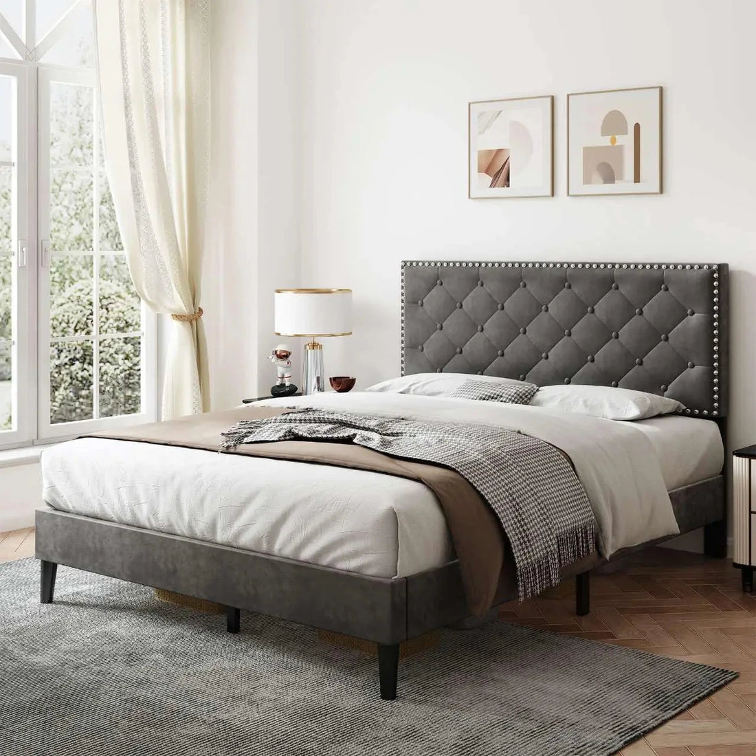 4ft6 Double Upholstered Velvet Bed Frame with Solid Wood Slats &amp; Noise-Reducing Foam (Grey) Manwatstore