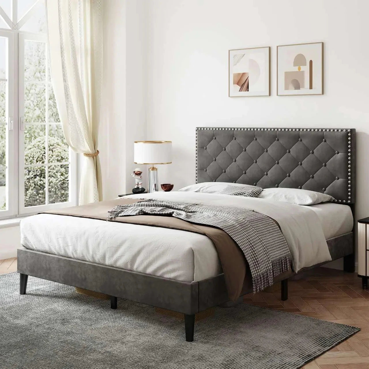 4ft6 Double Upholstered Velvet Bed Frame with Solid Wood Slats &amp; Noise-Reducing Foam (Grey) Manwatstore