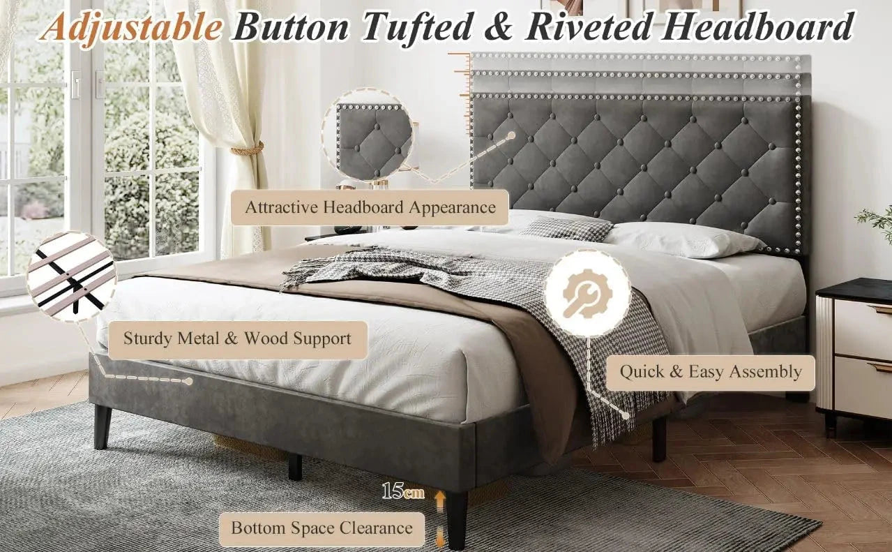 4ft6 Double Upholstered Velvet Bed Frame with Solid Wood Slats & Noise-Reducing Foam (Grey) Manwatstore