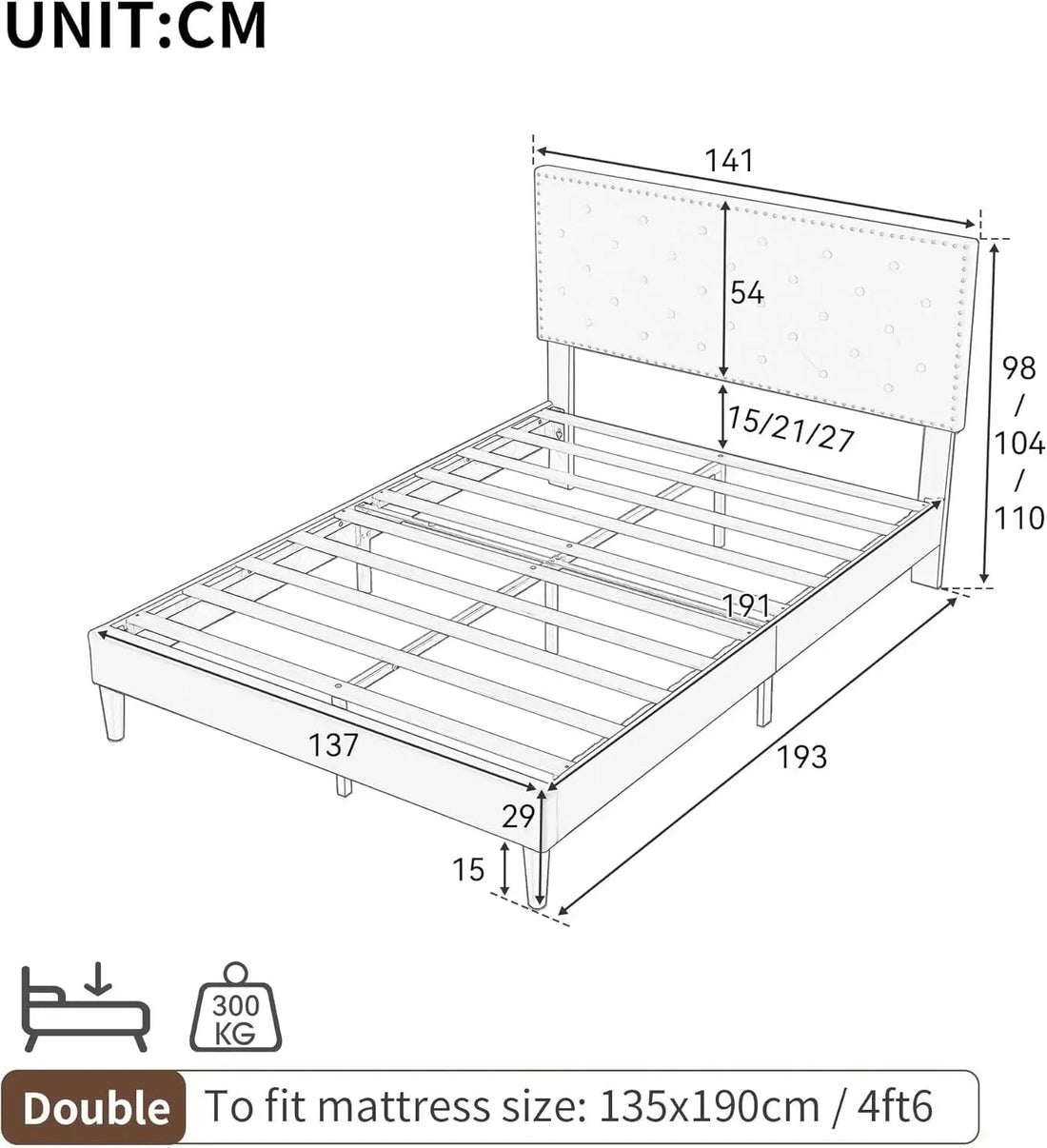 4ft6 Double Upholstered Velvet Bed Frame with Solid Wood Slats &amp; Noise-Reducing Foam (Grey) Manwatstore