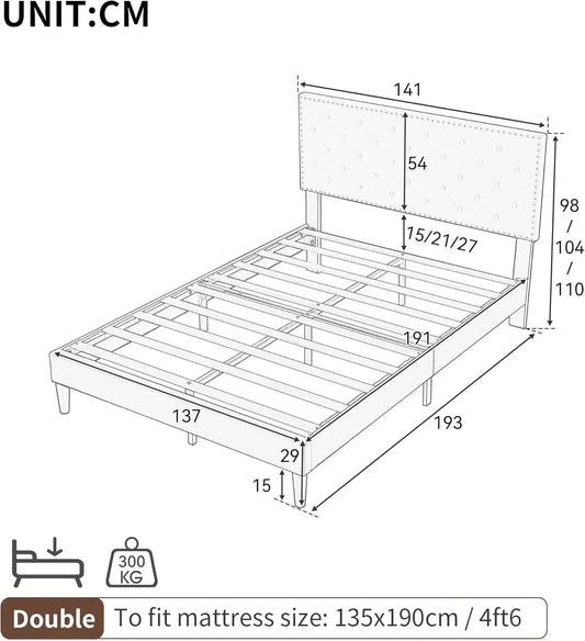 4ft6 Double Upholstered Velvet Bed Frame with Solid Wood Slats & Noise-Reducing Foam (Grey) Manwatstore