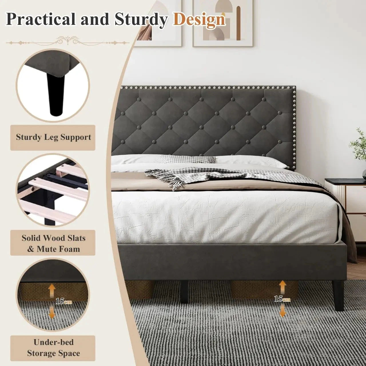 4ft6 Double Upholstered Velvet Bed Frame with Solid Wood Slats & Noise-Reducing Foam (Grey) Manwatstore