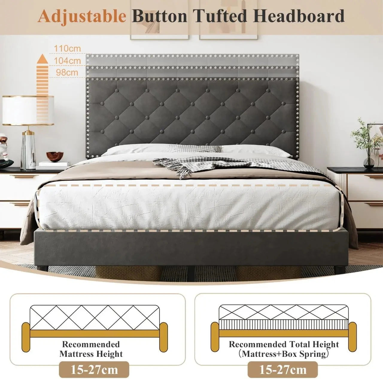 4ft6 Double Upholstered Velvet Bed Frame with Solid Wood Slats &amp; Noise-Reducing Foam (Grey) Manwatstore