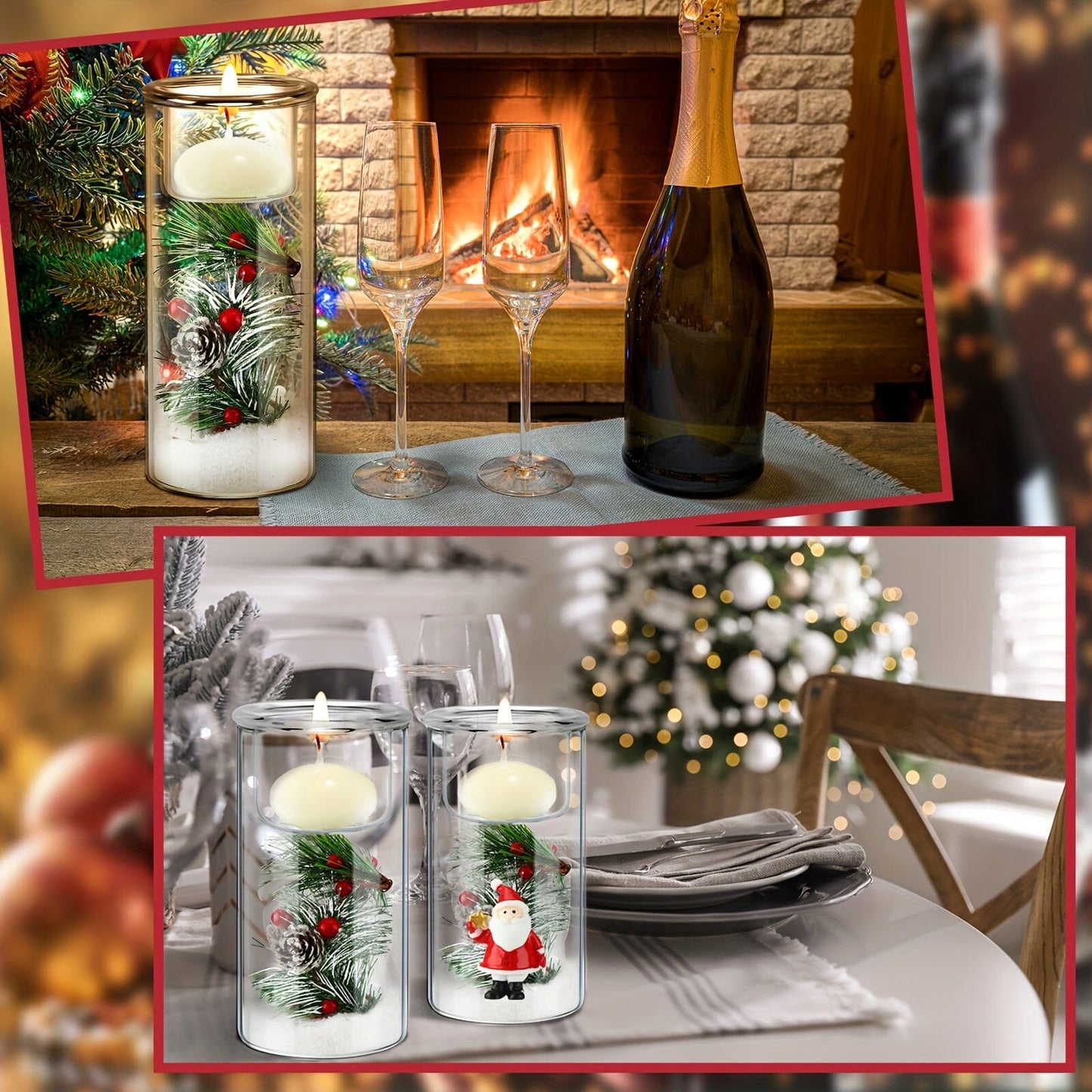 6 Set Christmas Glass Hurricane Candle Holders with Decorative Christmas Ornaments Christmas Centerpieces for Tables Christmas Glass Cylinder Decoration for Dinning Table Home Ornaments Manwatstore