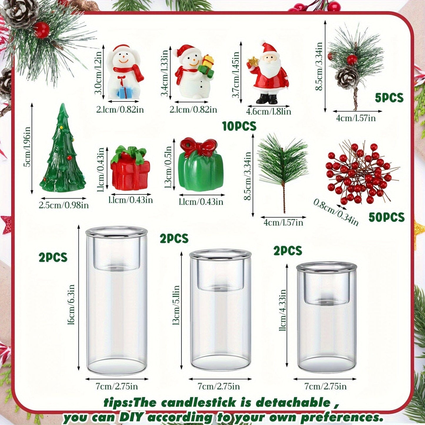 6 Set Christmas Glass Hurricane Candle Holders with Decorative Christmas Ornaments Christmas Centerpieces for Tables Christmas Glass Cylinder Decoration for Dinning Table Home Ornaments Manwatstore