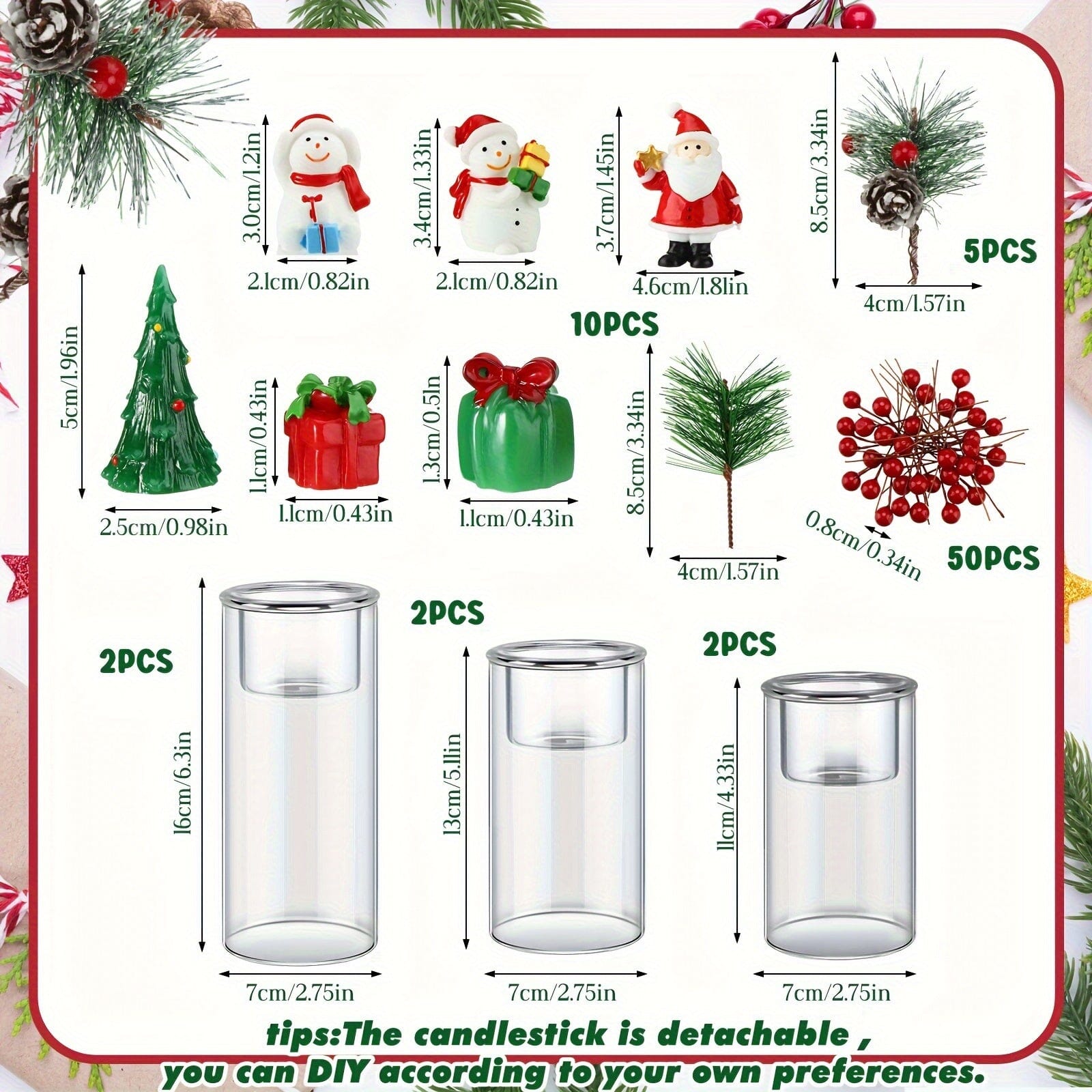 6 Set Christmas Glass Hurricane Candle Holders with Decorative Christmas Ornaments Christmas Centerpieces for Tables Christmas Glass Cylinder Decoration for Dinning Table Home Ornaments Manwatstore