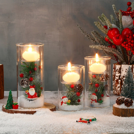 6 Set Christmas Glass Hurricane Candle Holders with Decorative Christmas Ornaments Christmas Centerpieces for Tables Christmas Glass Cylinder Decoration for Dinning Table Home Ornaments Manwatstore