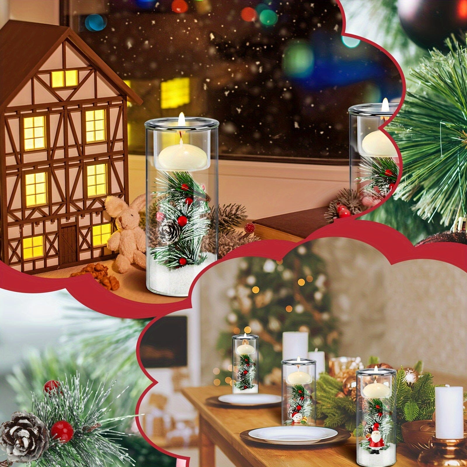 6 Set Christmas Glass Hurricane Candle Holders with Decorative Christmas Ornaments Christmas Centerpieces for Tables Christmas Glass Cylinder Decoration for Dinning Table Home Ornaments Manwatstore