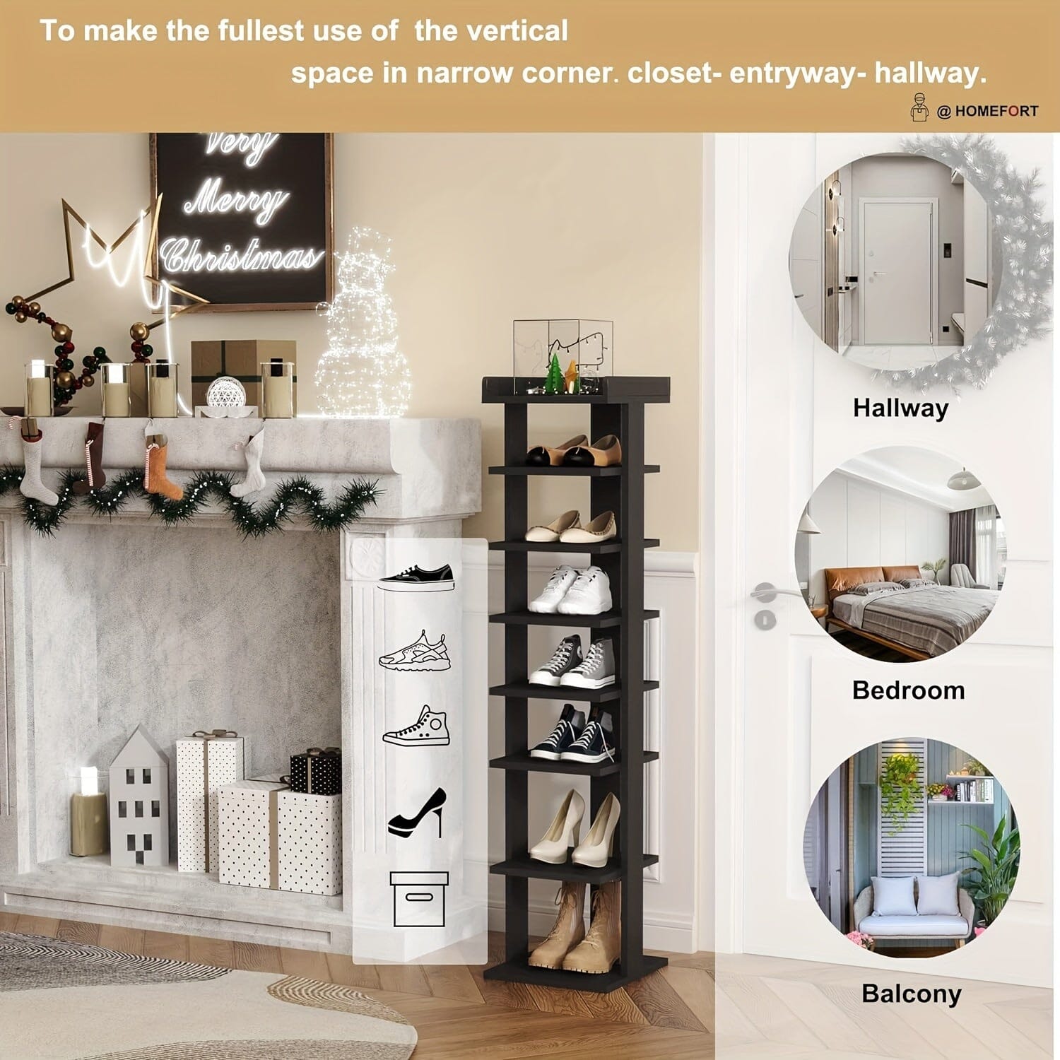 7-Tier Wood Shoe Rack, Entryway Shoe Tower, Vertical Shoe Organizer, Wooden Shoe Storage Stand Manwatstore