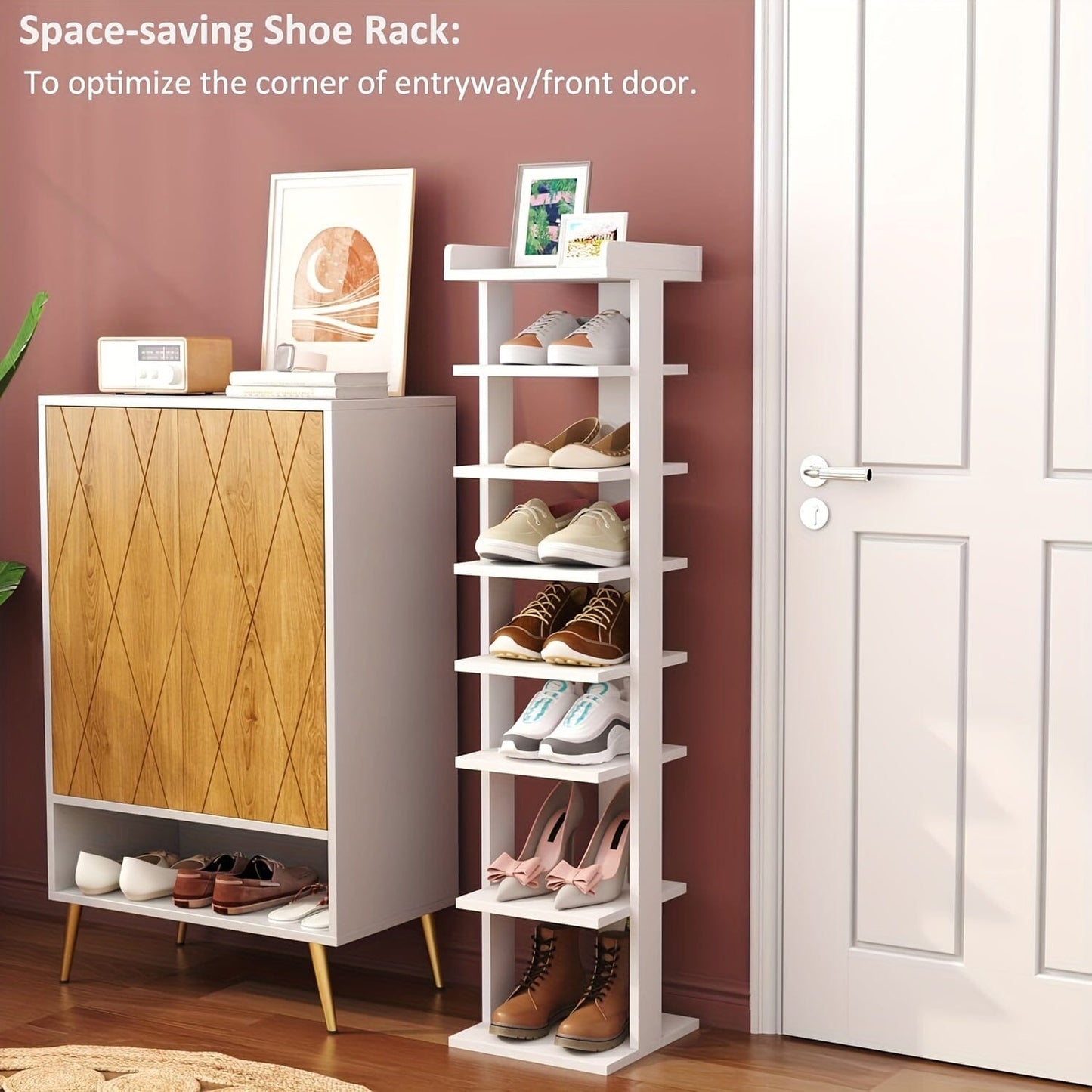 7-Tier Wood Shoe Rack, Entryway Shoe Tower, Vertical Shoe Organizer, Wooden Shoe Storage Stand Manwatstore