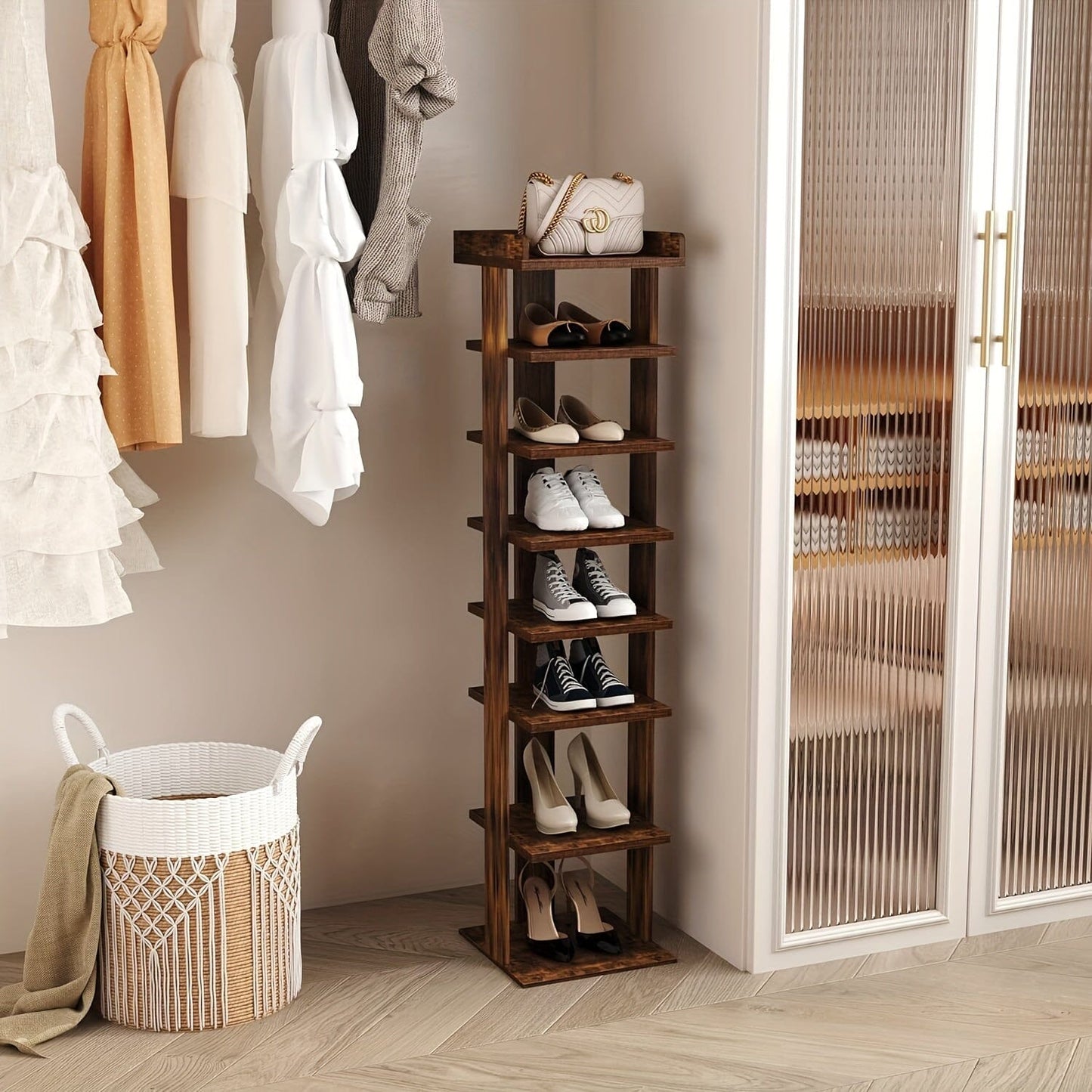 7-Tier Wood Shoe Rack, Entryway Shoe Tower, Vertical Shoe Organizer, Wooden Shoe Storage Stand Manwatstore