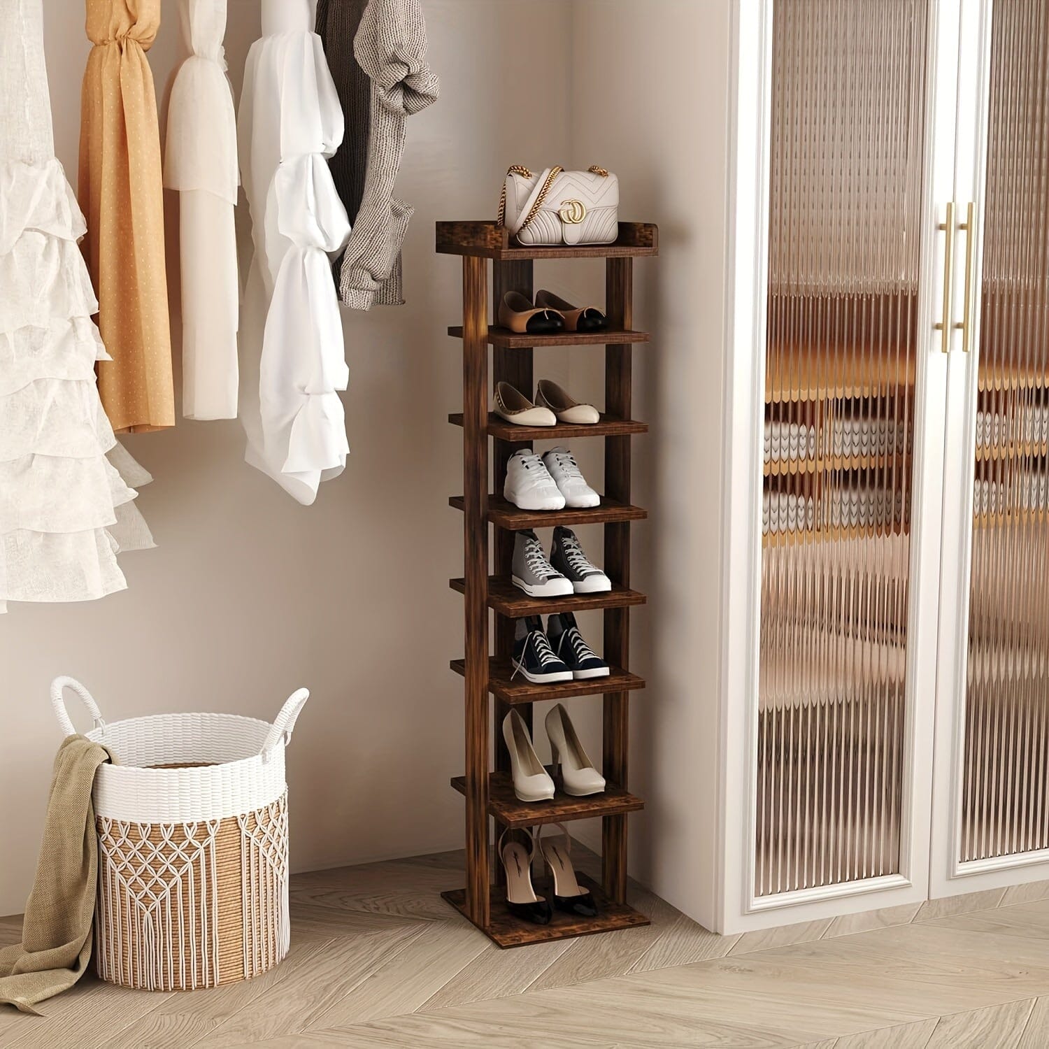 7-Tier Wood Shoe Rack, Entryway Shoe Tower, Vertical Shoe Organizer, Wooden Shoe Storage Stand Manwatstore
