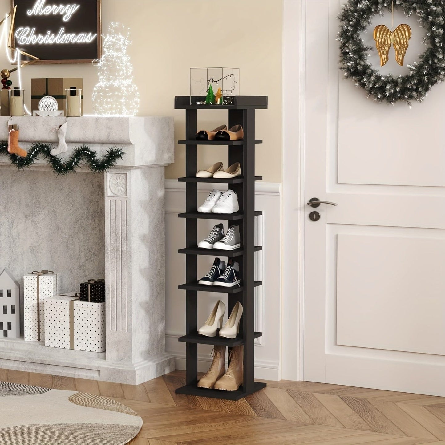7-Tier Wood Shoe Rack, Entryway Shoe Tower, Vertical Shoe Organizer, Wooden Shoe Storage Stand Manwatstore