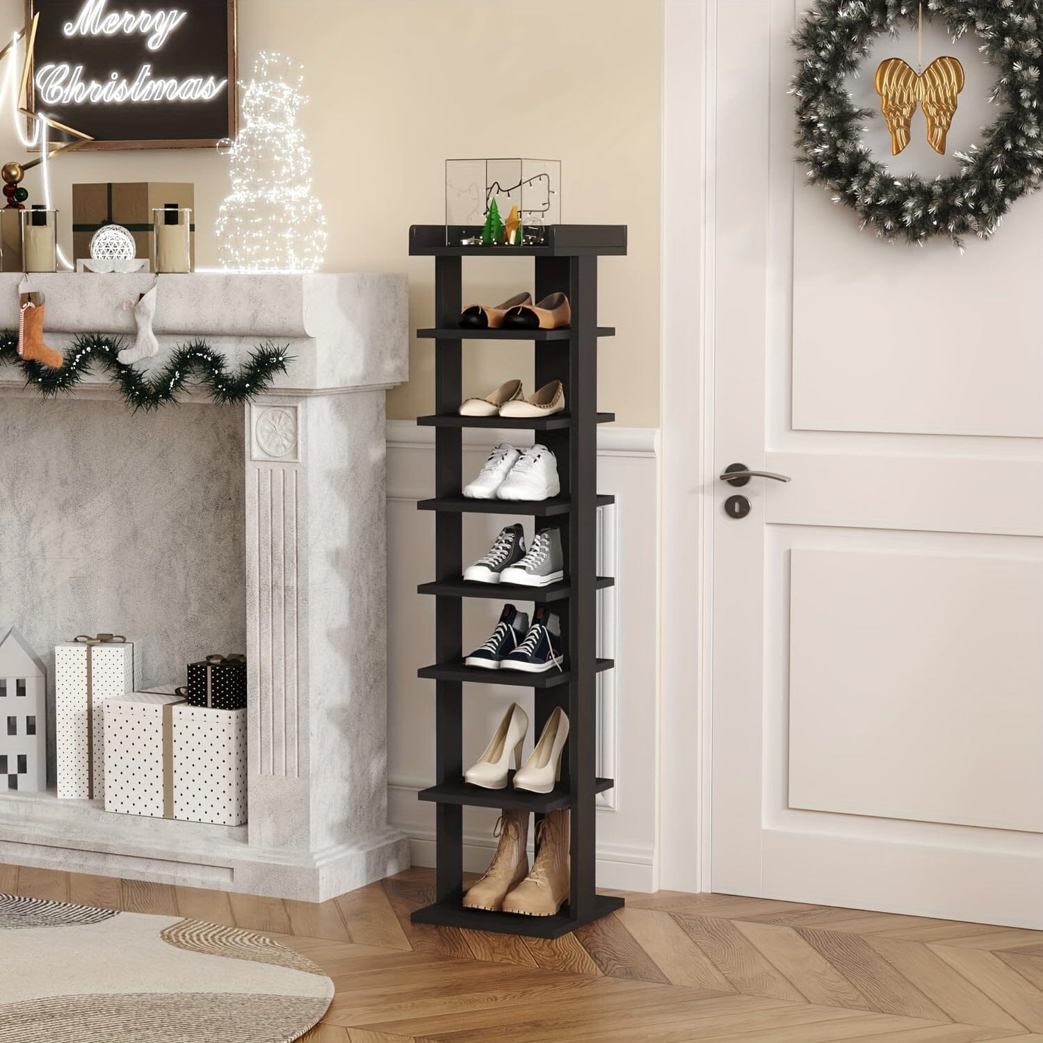 7-Tier Wood Shoe Rack, Entryway Shoe Tower, Vertical Shoe Organizer, Wooden Shoe Storage Stand Manwatstore