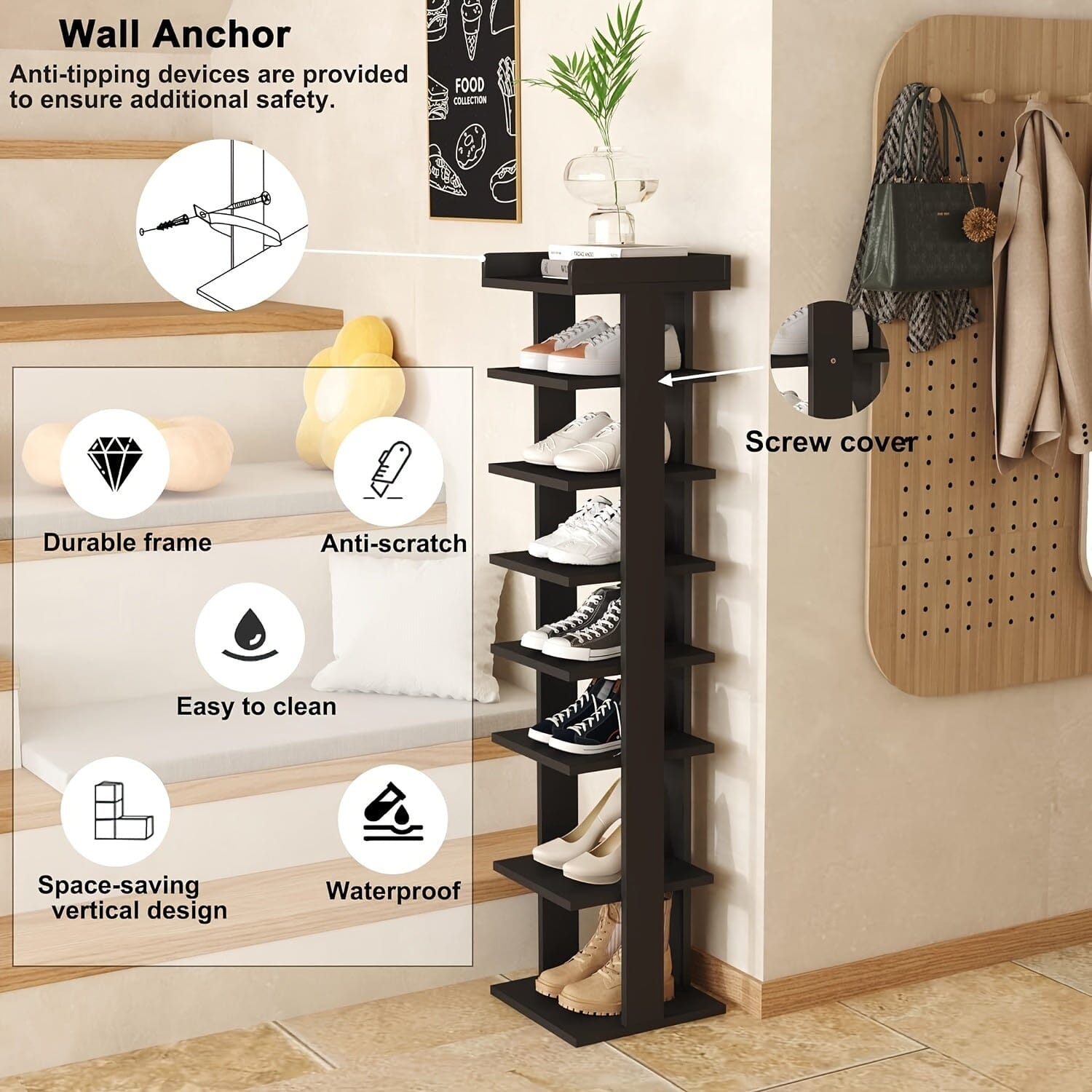 7-Tier Wood Shoe Rack, Entryway Shoe Tower, Vertical Shoe Organizer, Wooden Shoe Storage Stand Manwatstore