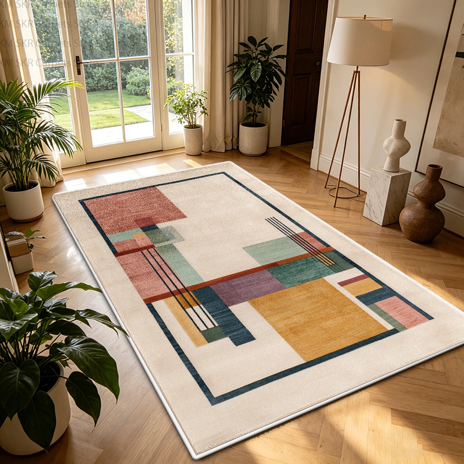 Nordic Geometric Color-Block Washable Living Room Rug – Non-Slip Large Carpet
