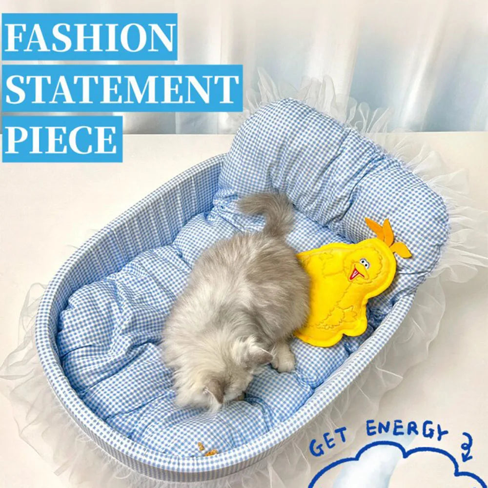 Cute Lace-Trimmed Pet Cat Princess Sofa Bed For Four Seasons  Washable and Removable Soft Plush Oval for Small Dogs/Cats