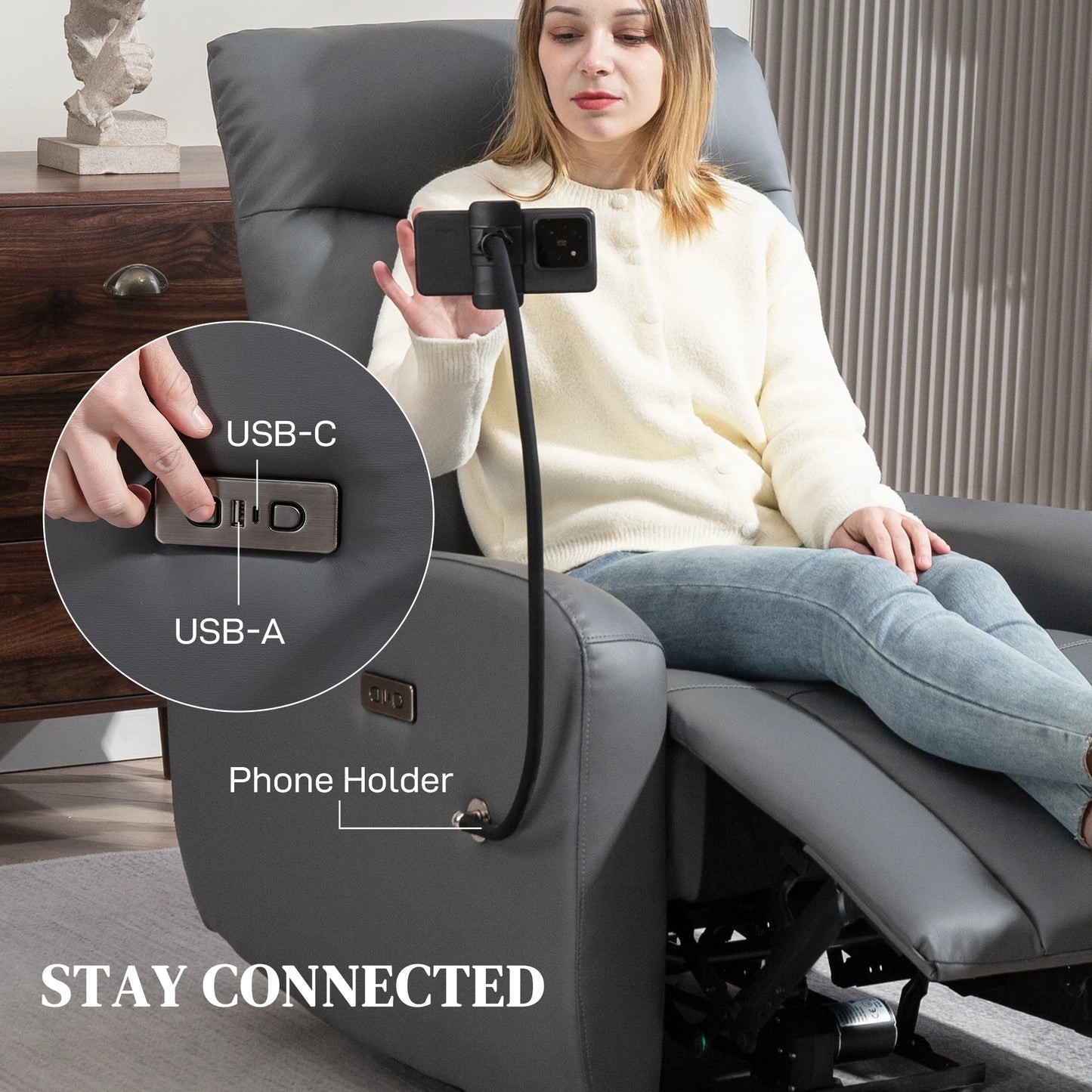 TechLounge Electric Recliner Chair with Phone Holder & USB Charging – Grey - Manwatstore