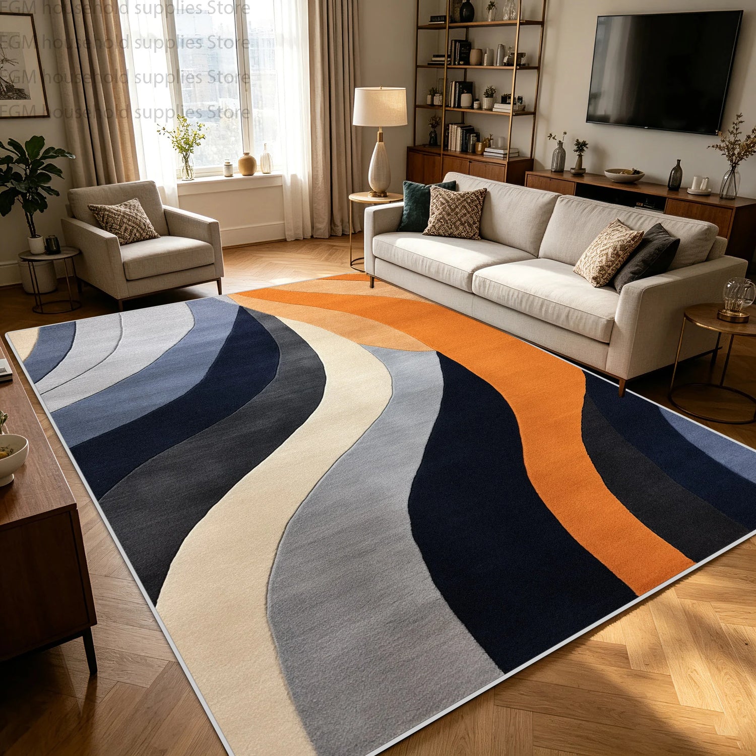 Modern Blue Orange Geometric Abstract Carpet Living Room Large Area Rugs Bedroom Decor Washable Non-slip Soft Fluffy Floor Mat