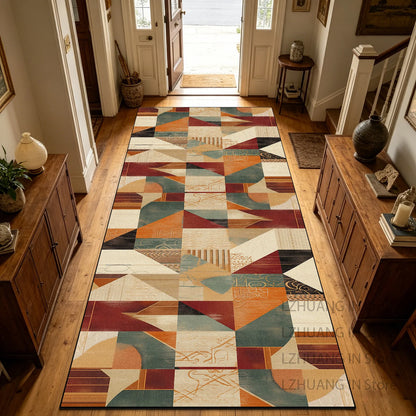 Retro Geometric Style Long Corridor Carpet Decoration Stairway Doorway Non-slip Rug Easy Clean Lint-free Long Runner Floor Mats