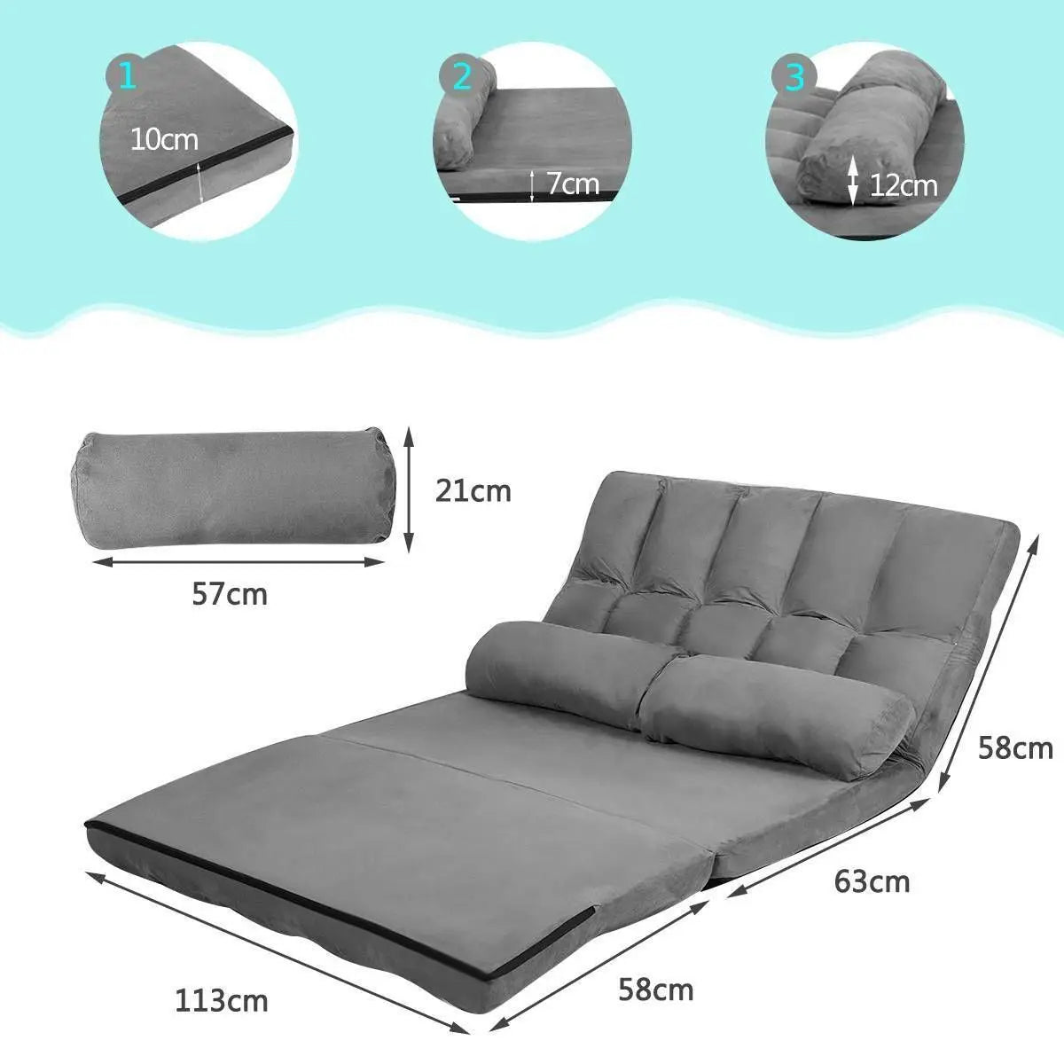 FlexiLounge Folding Floor Sofa Chair with Adjustable Backrest & Pillows