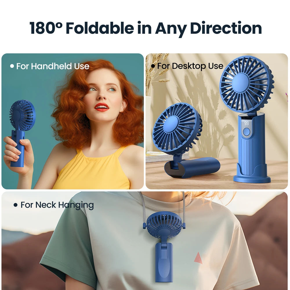 TOPK 5000mAh Mini Portable Fan USB Rechargeable Hand Held Fan,Small Pocket Fan 3 Speeds with Lanyard &amp;Base,USB Desk Fan Foldable