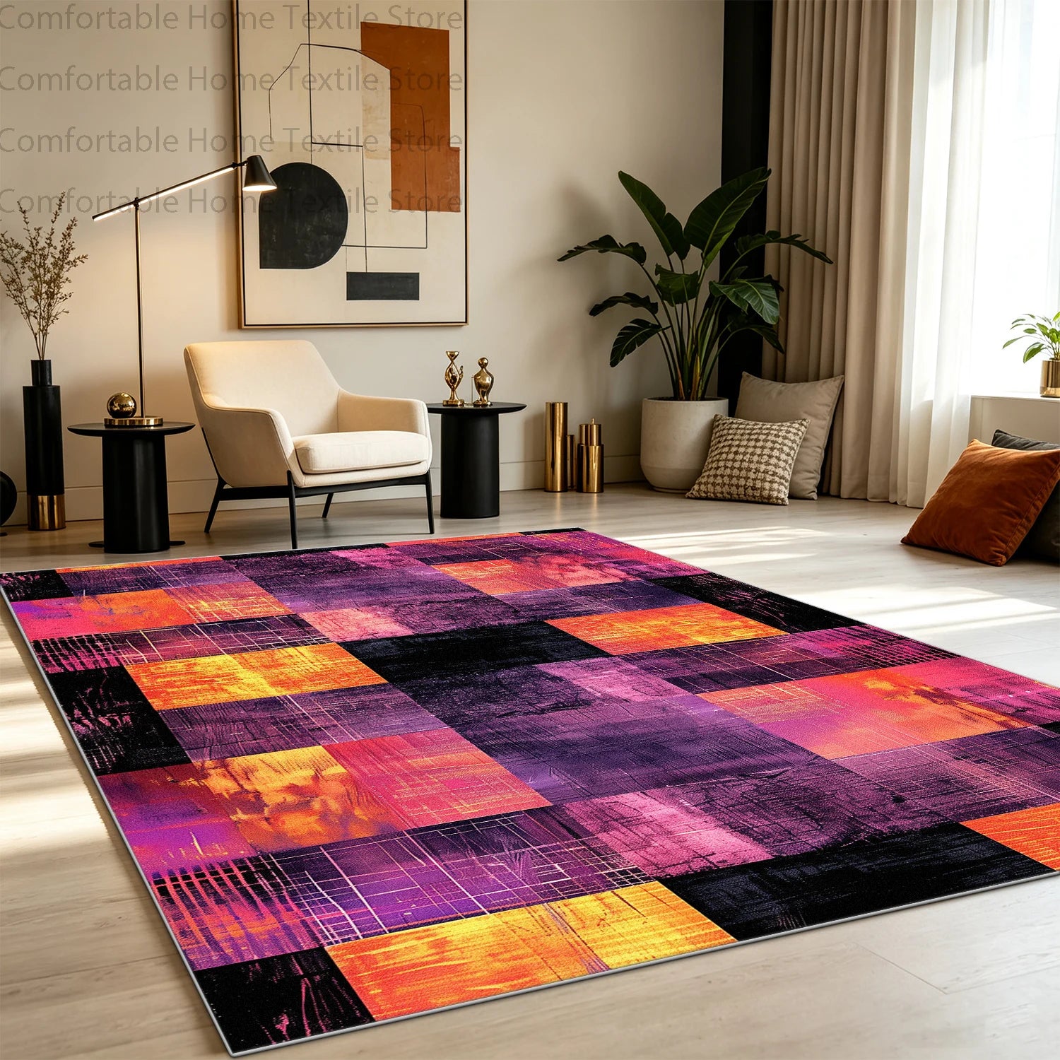 Modern Abstract Style Art Grid Lounge Carpet Non-slip Fluffy Soft Living Room Rug Washable Foldable Big Size Dining Room Mat