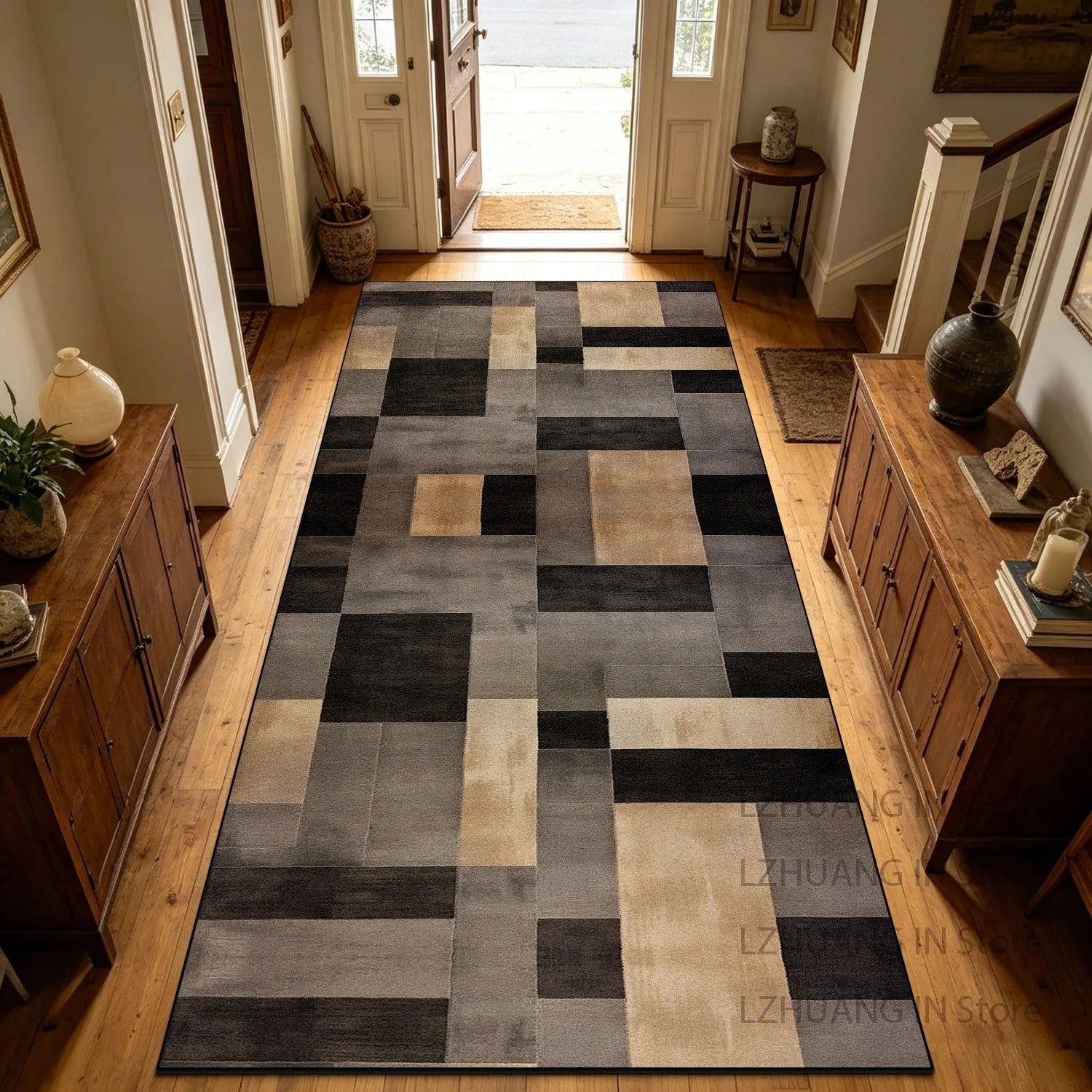 Retro Geometric Style Long Corridor Carpet Decoration Stairway Doorway Non-slip Rug Easy Clean Lint-free Long Runner Floor Mats