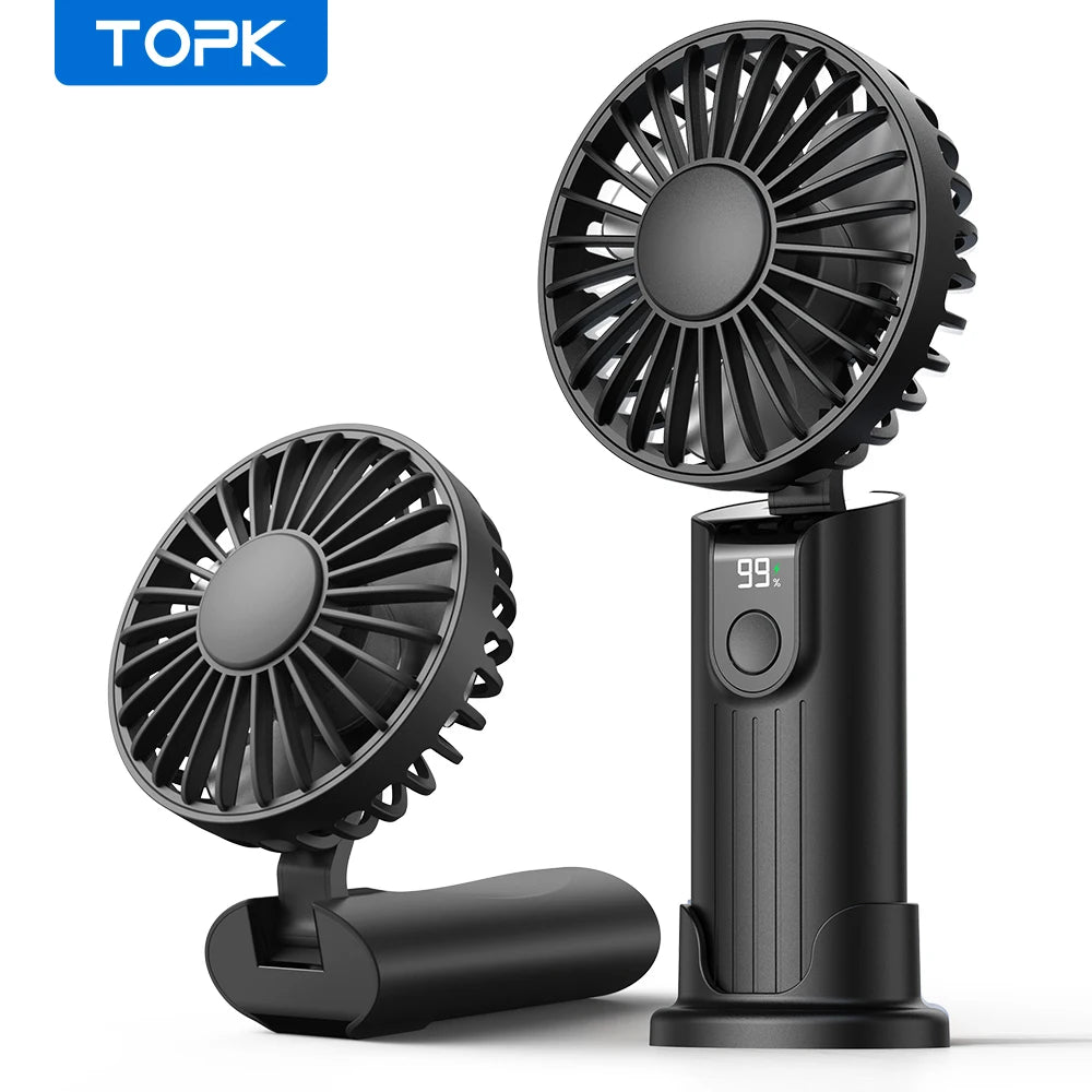 TOPK 5000mAh Mini Portable Fan USB Rechargeable Hand Held Fan,Small Pocket Fan 3 Speeds with Lanyard &amp;Base,USB Desk Fan Foldable