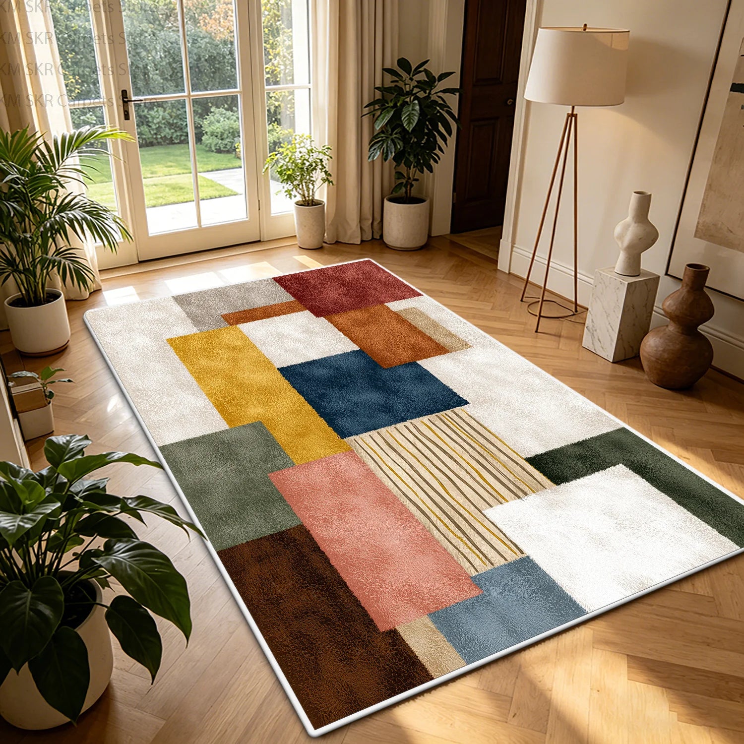 Nordic Geometric Color-Block Washable Living Room Rug – Non-Slip Large Carpet