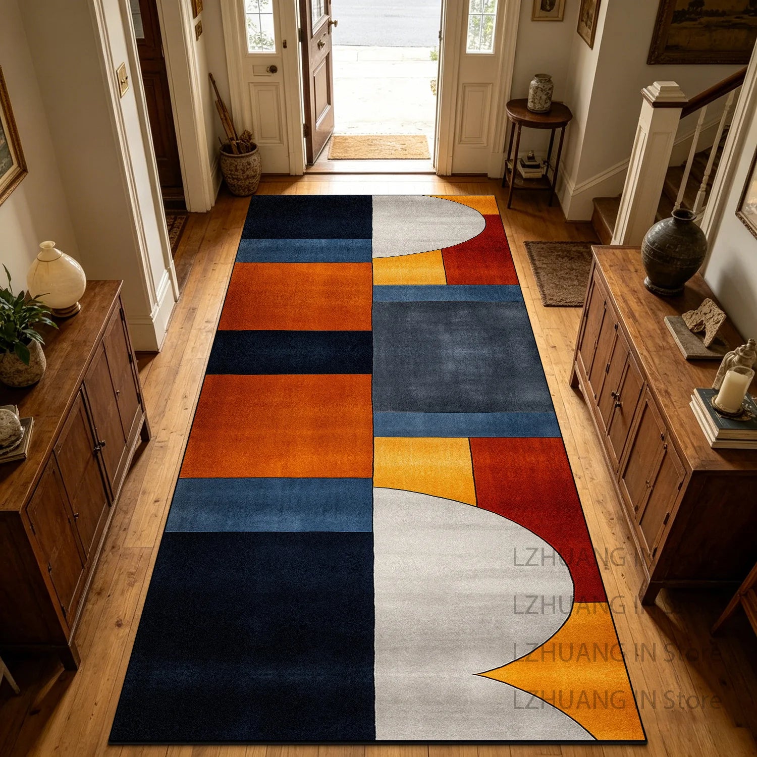 Retro Geometric Style Long Corridor Carpet Decoration Stairway Doorway Non-slip Rug Easy Clean Lint-free Long Runner Floor Mats