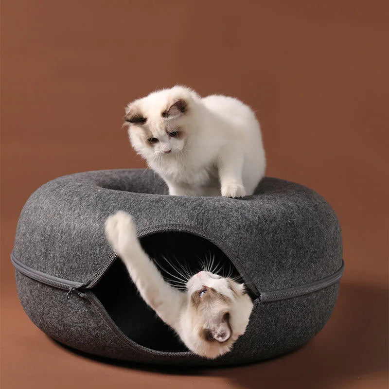 Cat Bed Donut Shape Pet Interactive House for 2 Cats Felt Tunnel Kitten Beds Removable Half Closed Cat Cave Nest Pets Supplies