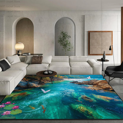 3D Ocean Beach Print Living Room Carpet Light Luxury Decoration Home Sofa Area Washable Rugs Hotel Bedroom Bedside Soft Foot Mat