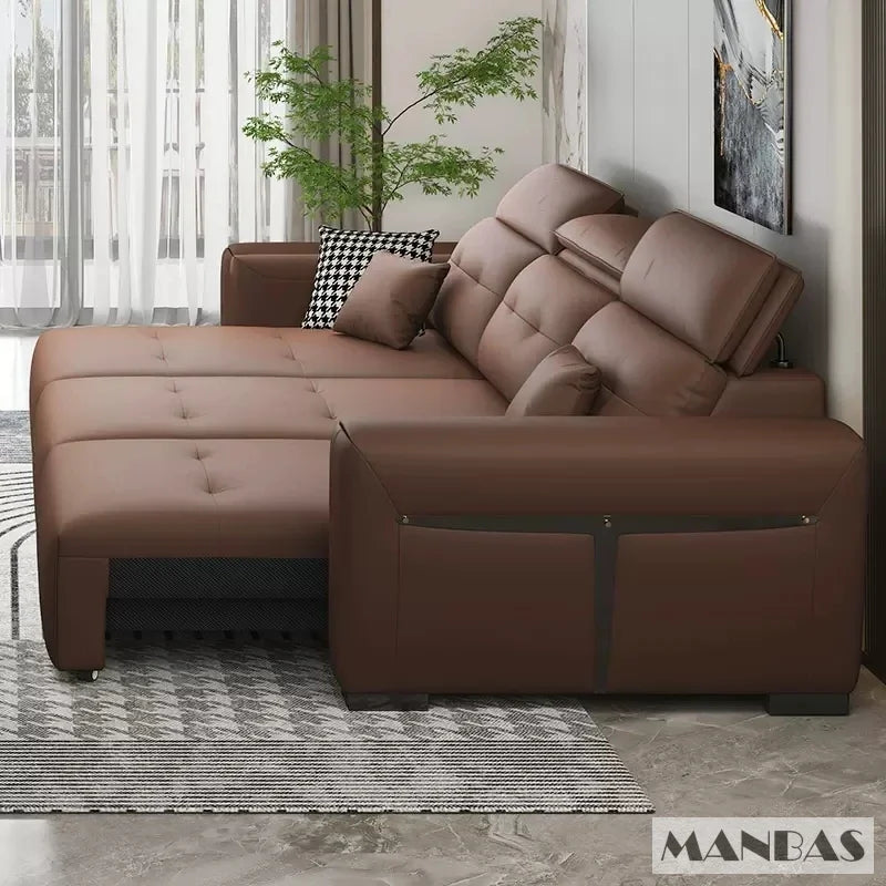 Electric Convertible Leather Sofa Bed with Adjustable Headrest