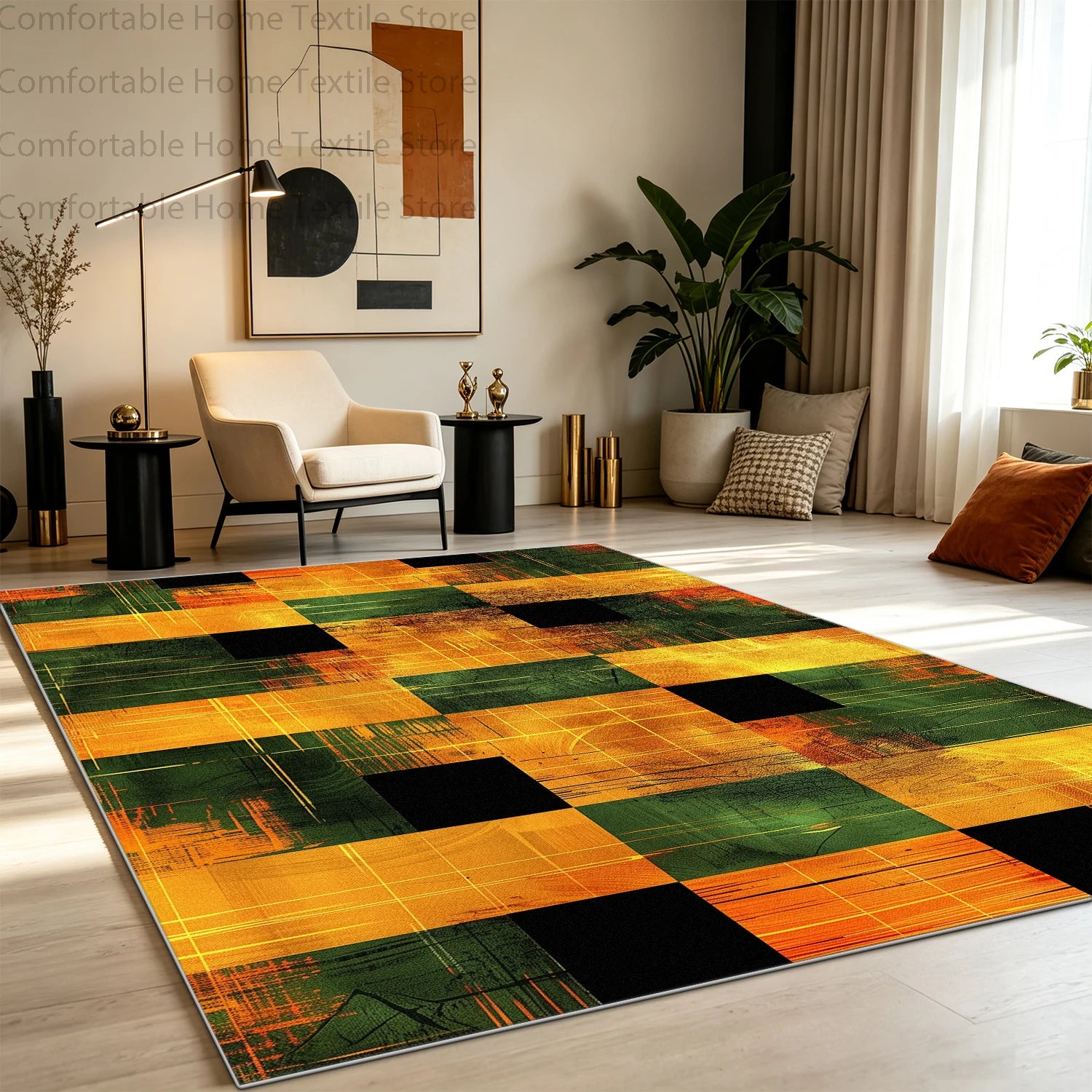 Modern Abstract Style Art Grid Lounge Carpet Non-slip Fluffy Soft Living Room Rug Washable Foldable Big Size Dining Room Mat