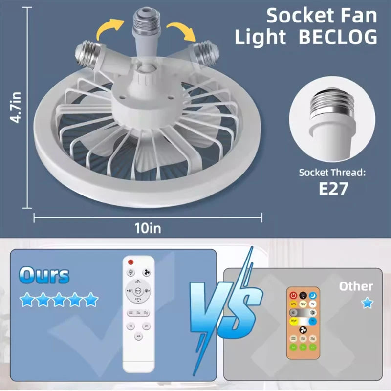 Rotatable 3in1 Ceiling Fan Light E27 LED Converter Base Smart Remote Control Bedroom Fans Lamp Study Kitchen Home Decoration