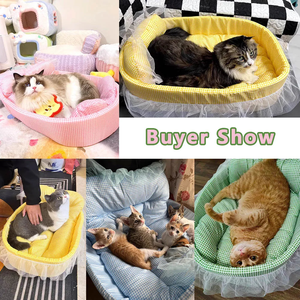 Cute Lace-Trimmed Pet Cat Princess Sofa Bed For Four Seasons  Washable and Removable Soft Plush Oval for Small Dogs/Cats