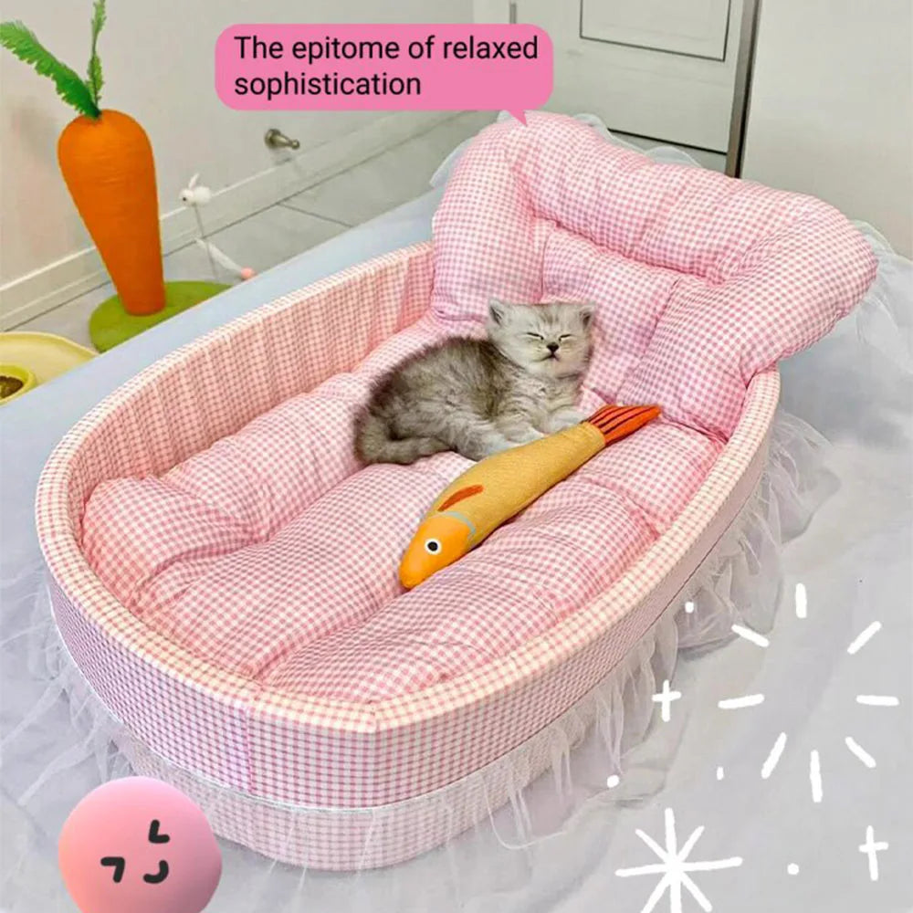Cute Lace-Trimmed Pet Cat Princess Sofa Bed For Four Seasons  Washable and Removable Soft Plush Oval for Small Dogs/Cats