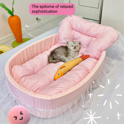 Cute Lace-Trimmed Pet Cat Princess Sofa Bed For Four Seasons  Washable and Removable Soft Plush Oval for Small Dogs/Cats
