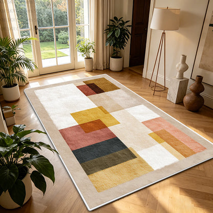 Nordic Geometric Color-Block Washable Living Room Rug – Non-Slip Large Carpet
