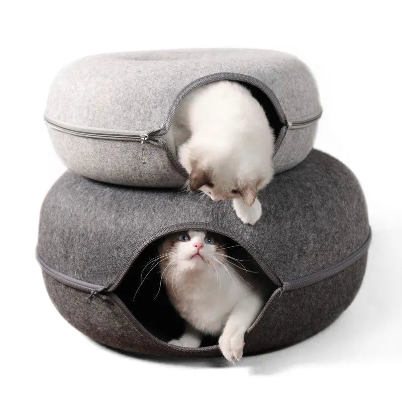Cat Bed Donut Shape Pet Interactive House for 2 Cats Felt Tunnel Kitten Beds Removable Half Closed Cat Cave Nest Pets Supplies