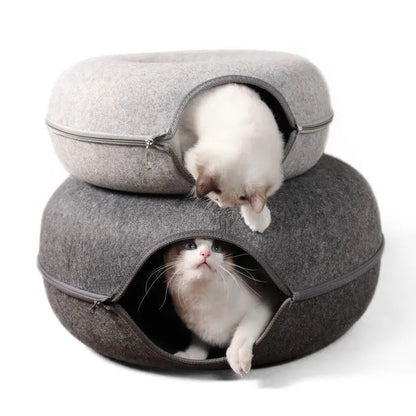 Cat Bed Donut Shape Pet Interactive House for 2 Cats Felt Tunnel Kitten Beds Removable Half Closed Cat Cave Nest Pets Supplies