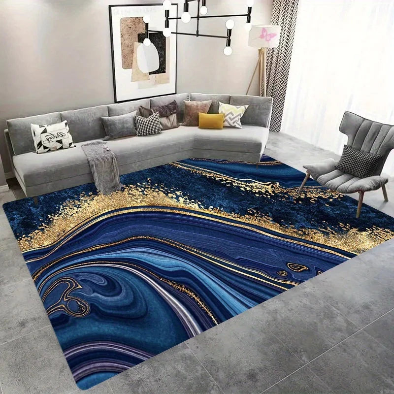 Blue Gold Marble Luxury Flannel Rug Non-Slip Absorbent Large Area Carpet for Living Room Sofa Bedroom Home Decor 120x160cm