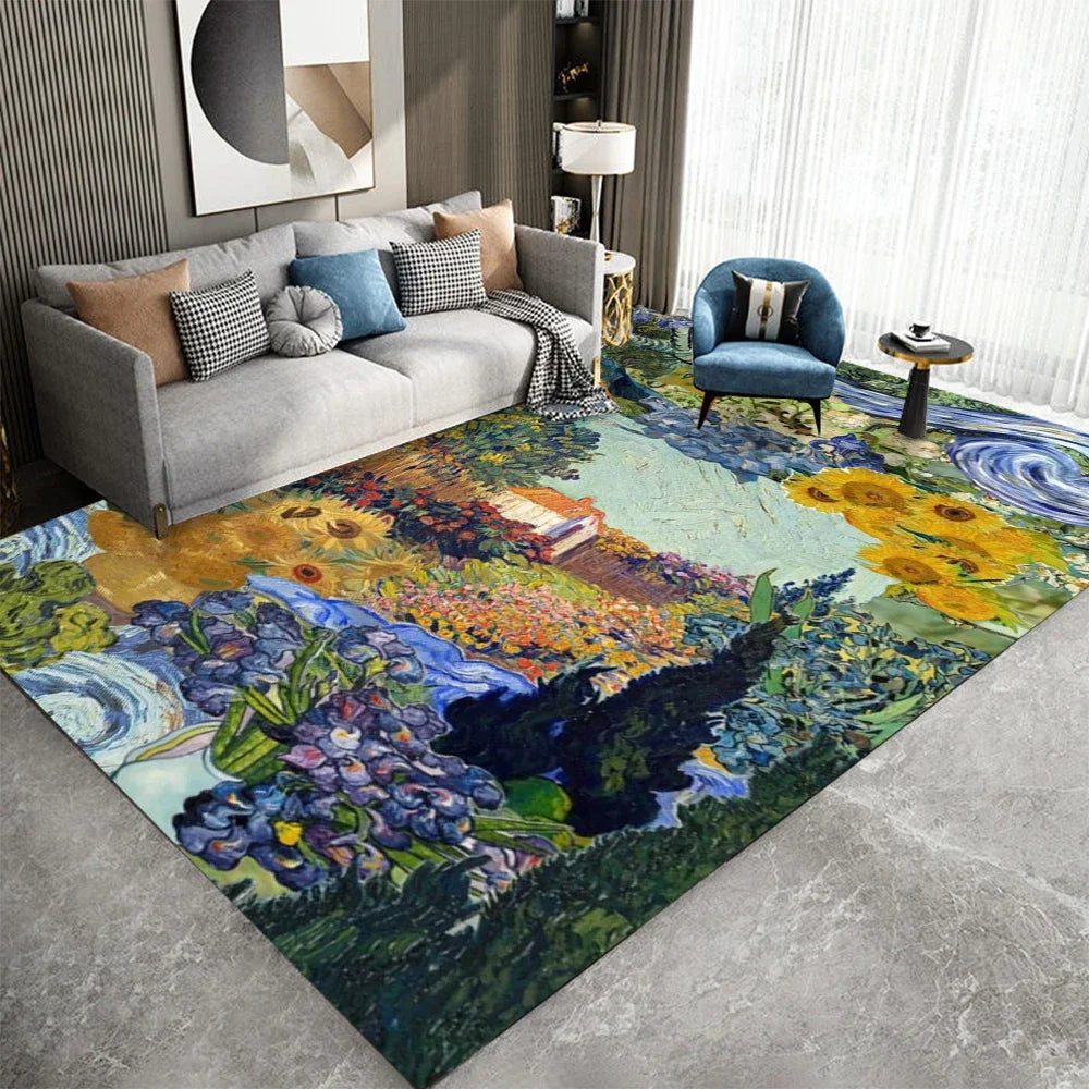 Van Gogh Style Impressionist Art Floor Carpet Starry Night Design Anti-Slip Rug for Kids Room Bedroom Living Room Home Decor