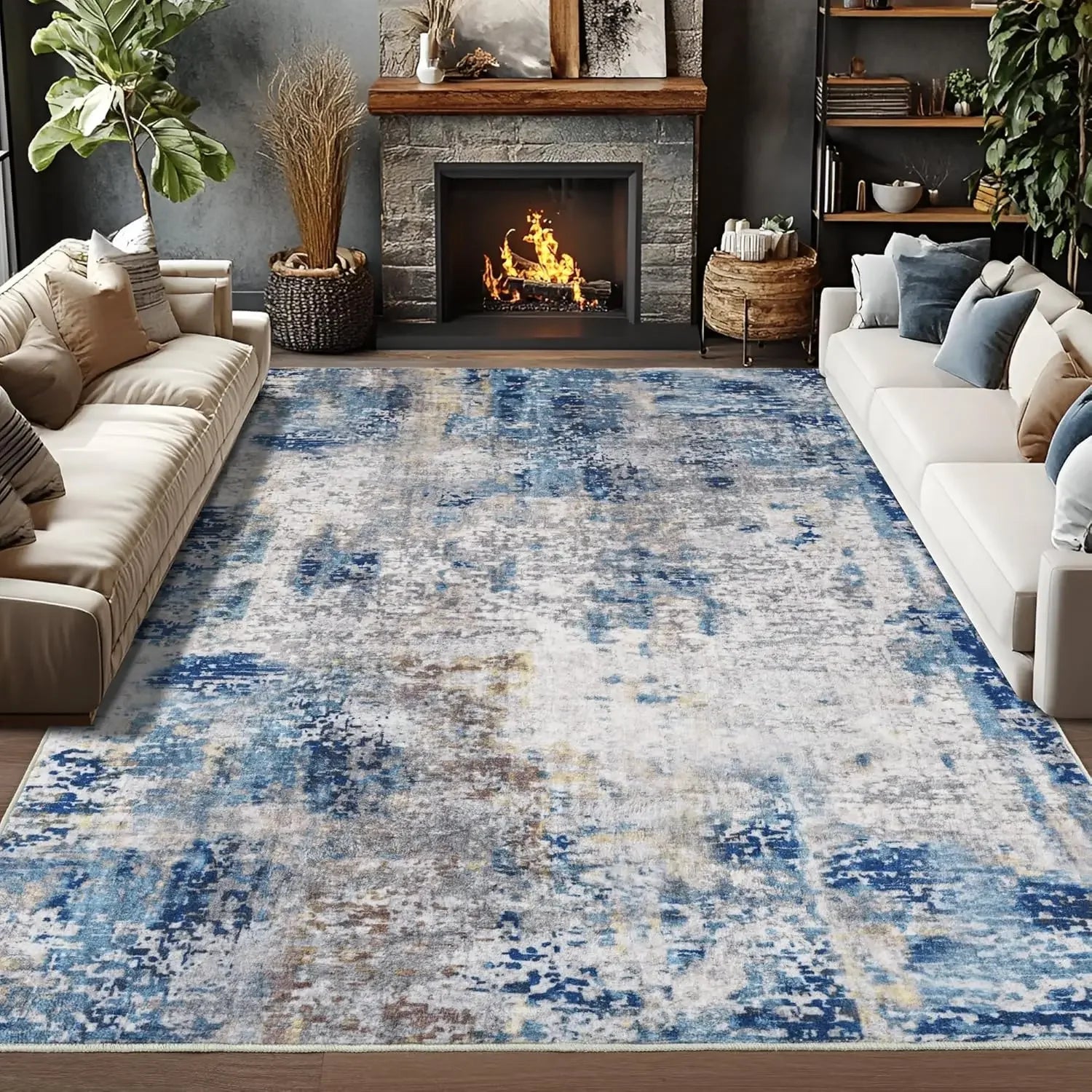 VIKAMA Modern Abstract Washable Area Rugs for Bedroom Stain Resistant Non Slip Large Blue Soft Indoor Carpet for Home Decor