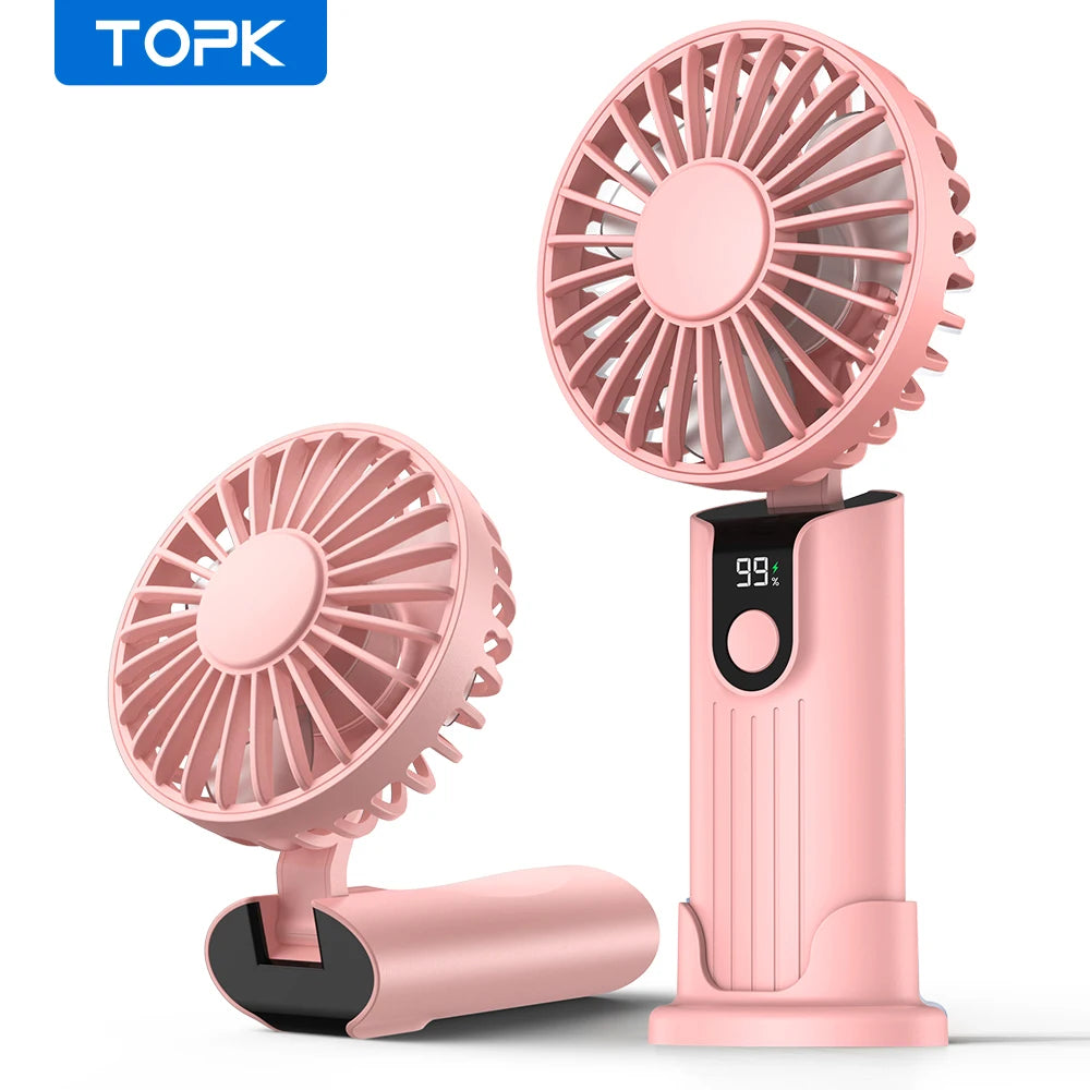 TOPK 5000mAh Mini Portable Fan USB Rechargeable Hand Held Fan,Small Pocket Fan 3 Speeds with Lanyard &amp;Base,USB Desk Fan Foldable